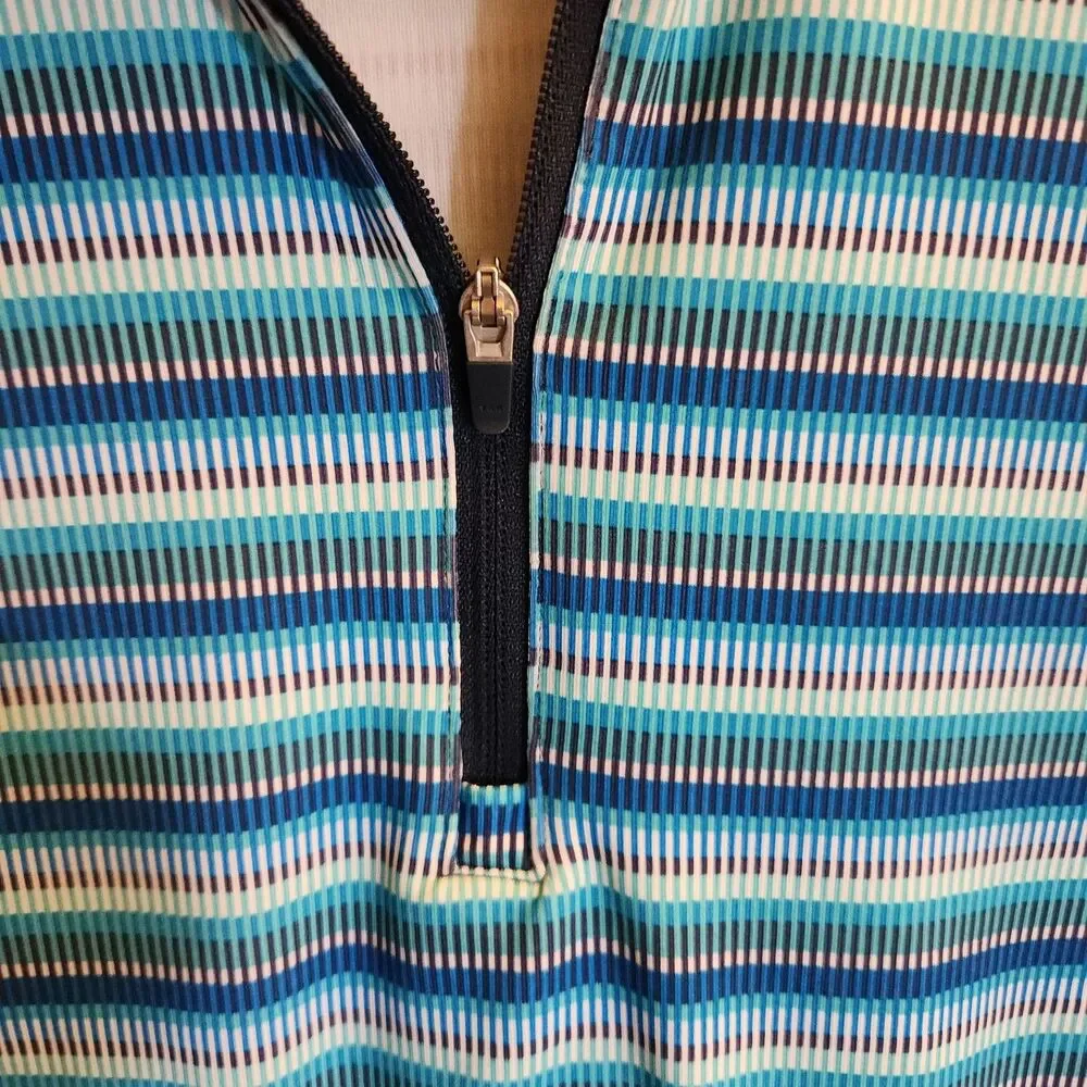 Adidas Athletic Top 1/4 Zip Long Sleeve Mock Neck Blue Teal Stripe Womens Size S